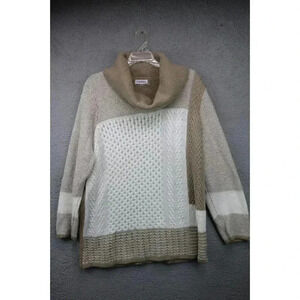 Calvin Klein Women's Long Sleeve Cowl Neck Sweater-Size XL-Beige and White